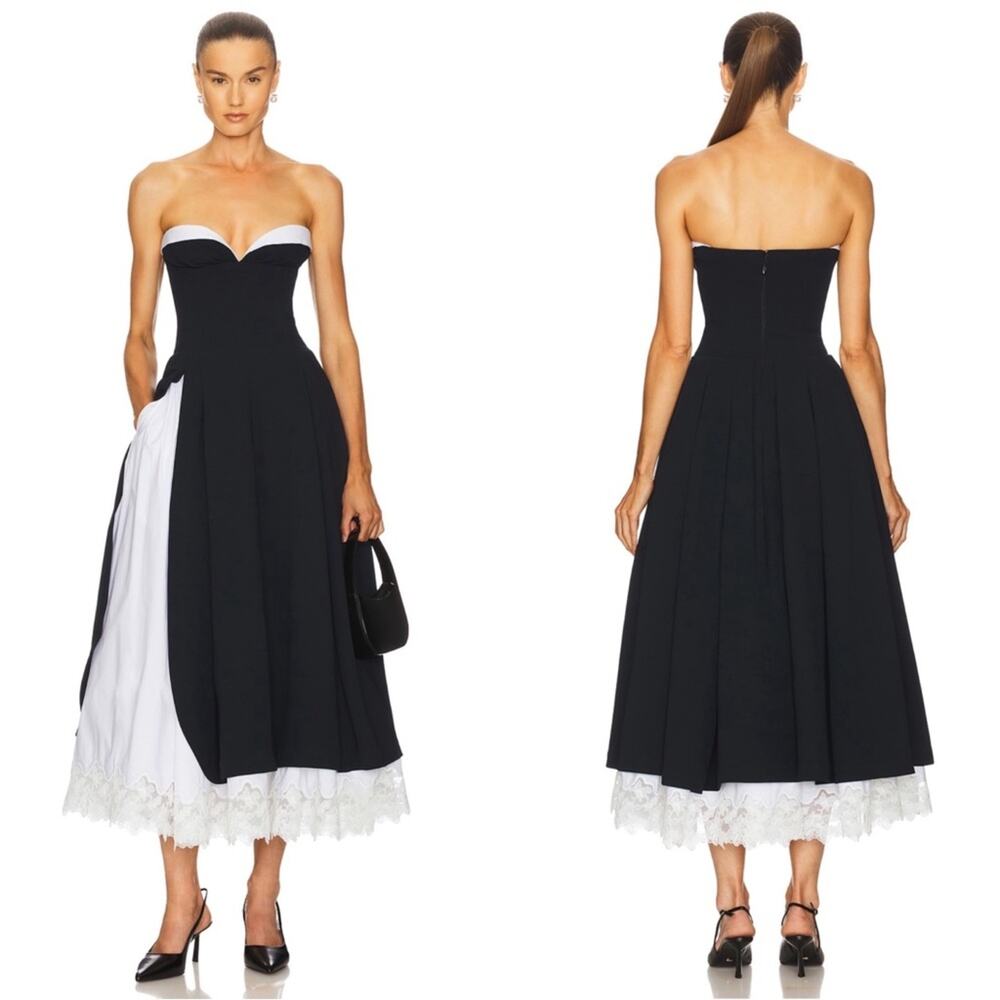 HELSA Finale Strapless Lace and Poplin Black and White Midi Dress Size Small